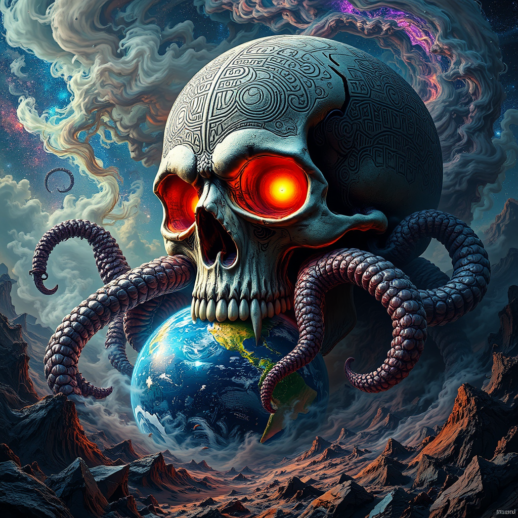 Giant skull grips Earth's