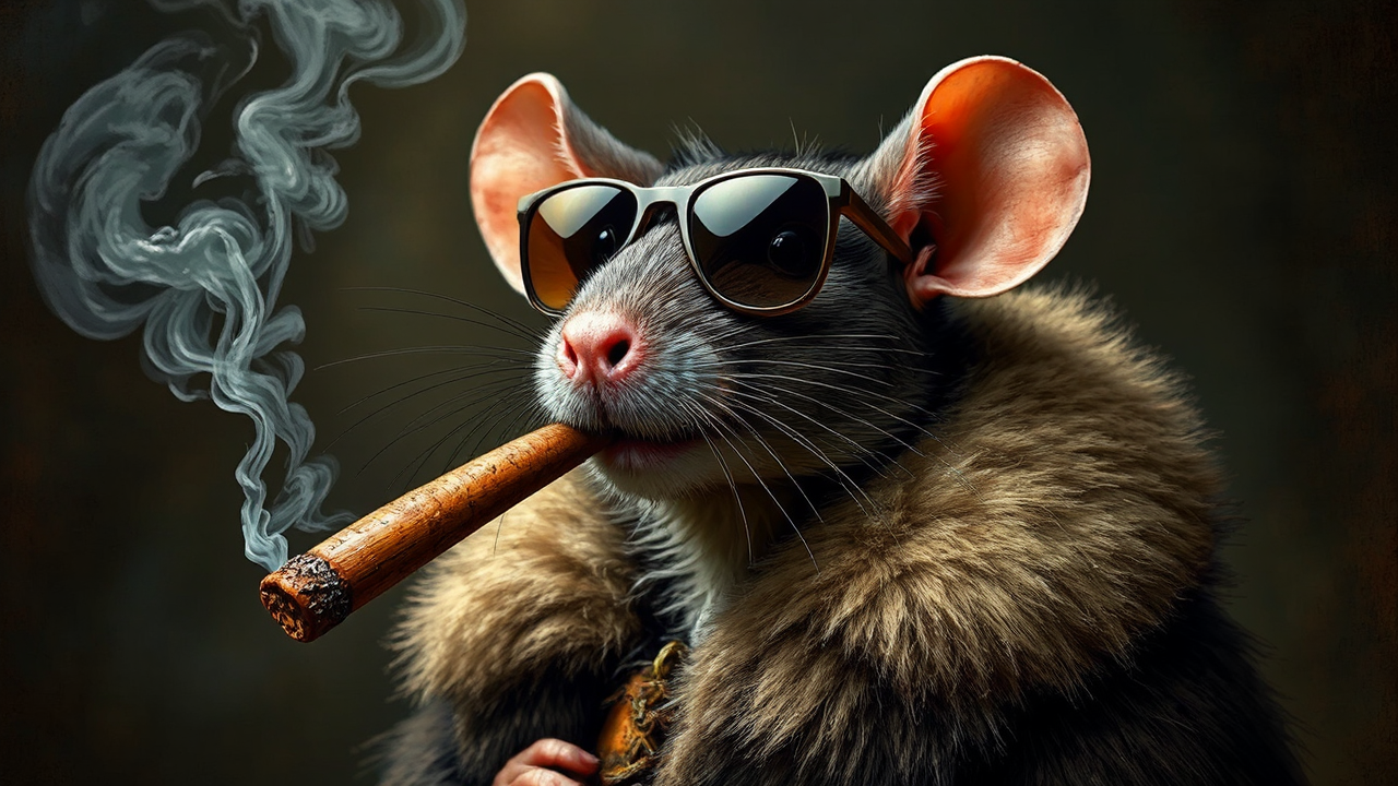 An anthropomorphic rat smokes