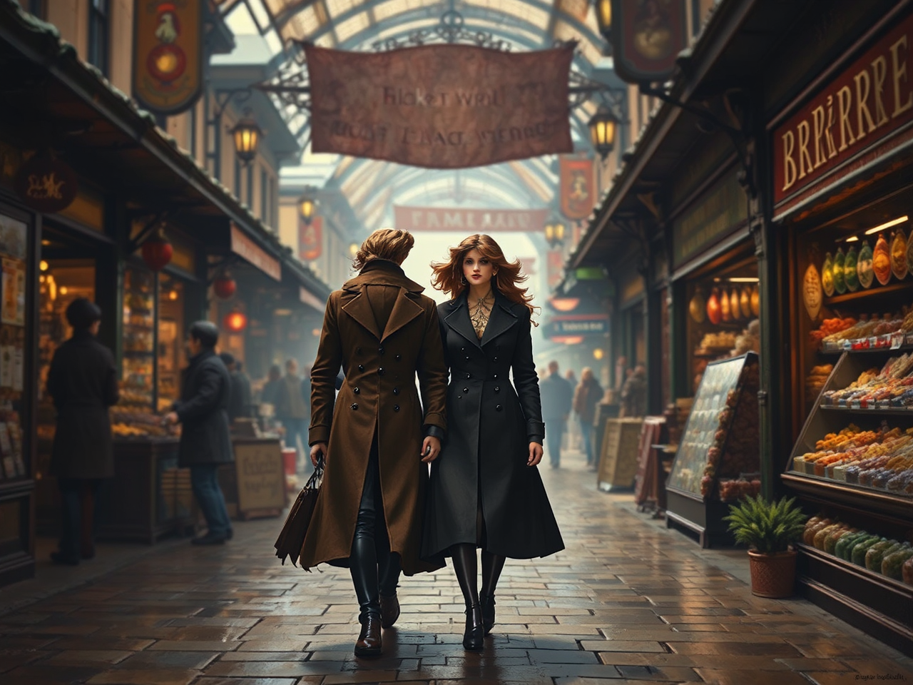 Couple walking through market