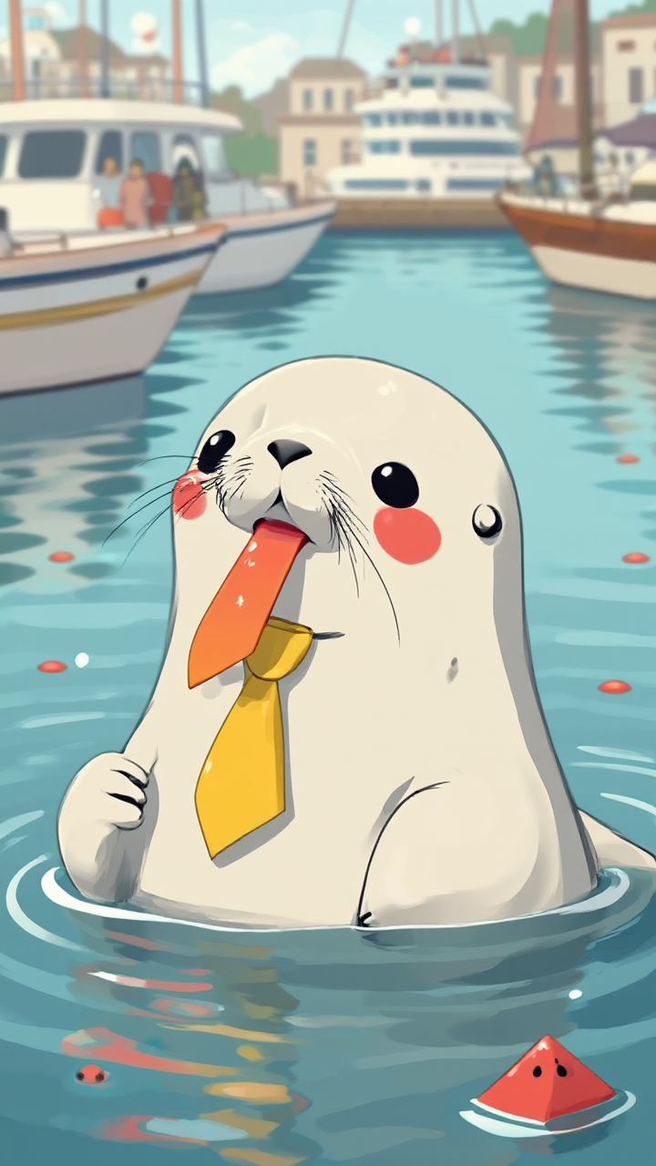 Baby seal eating watermelon