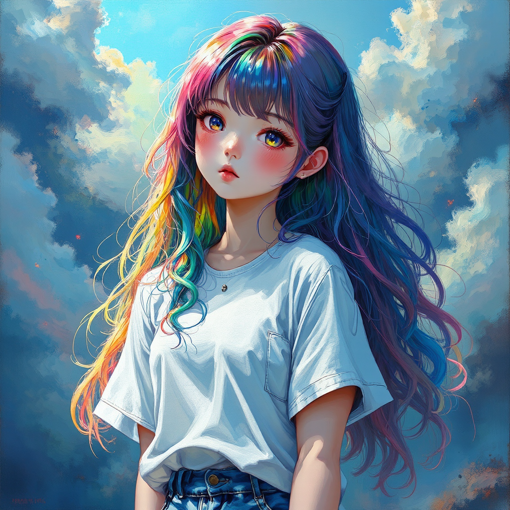 Girl with rainbow colored