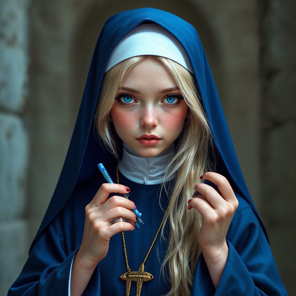 Blonde nun in blue