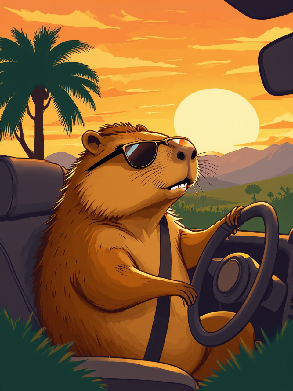Capybara in car wears
