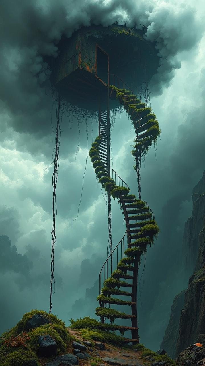 A metal staircase leads