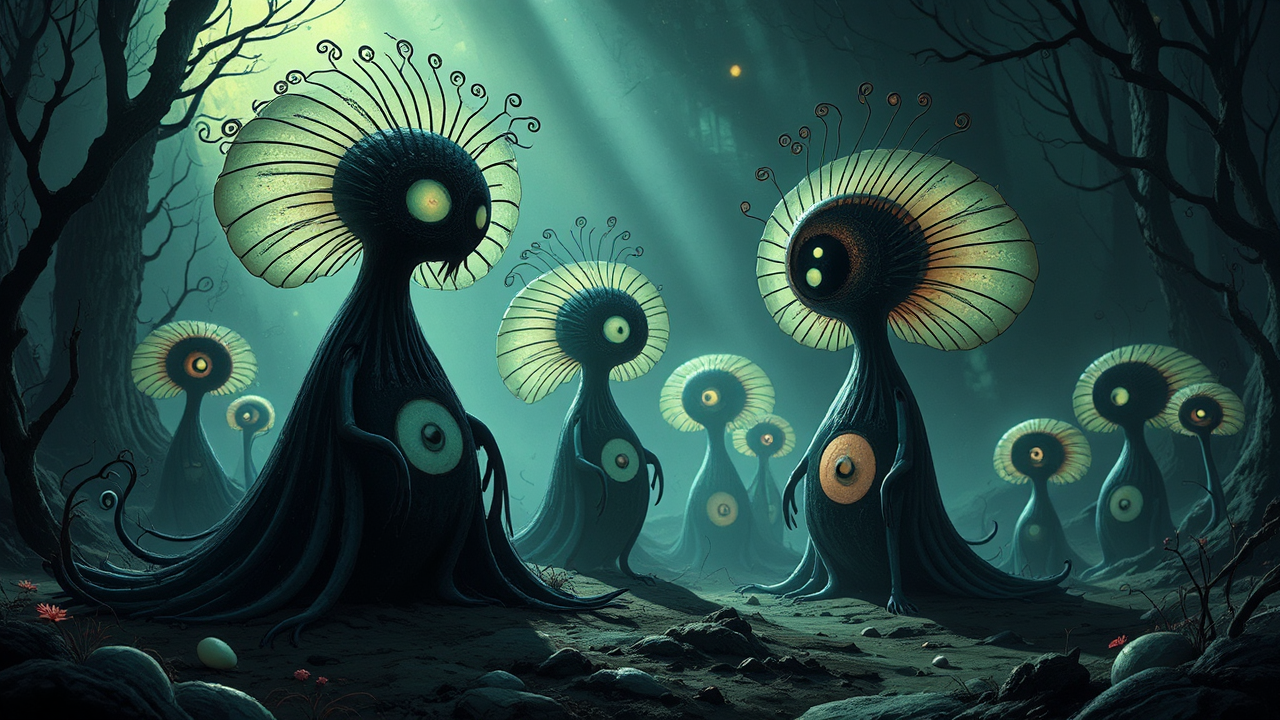 Whimsical creatures in dark