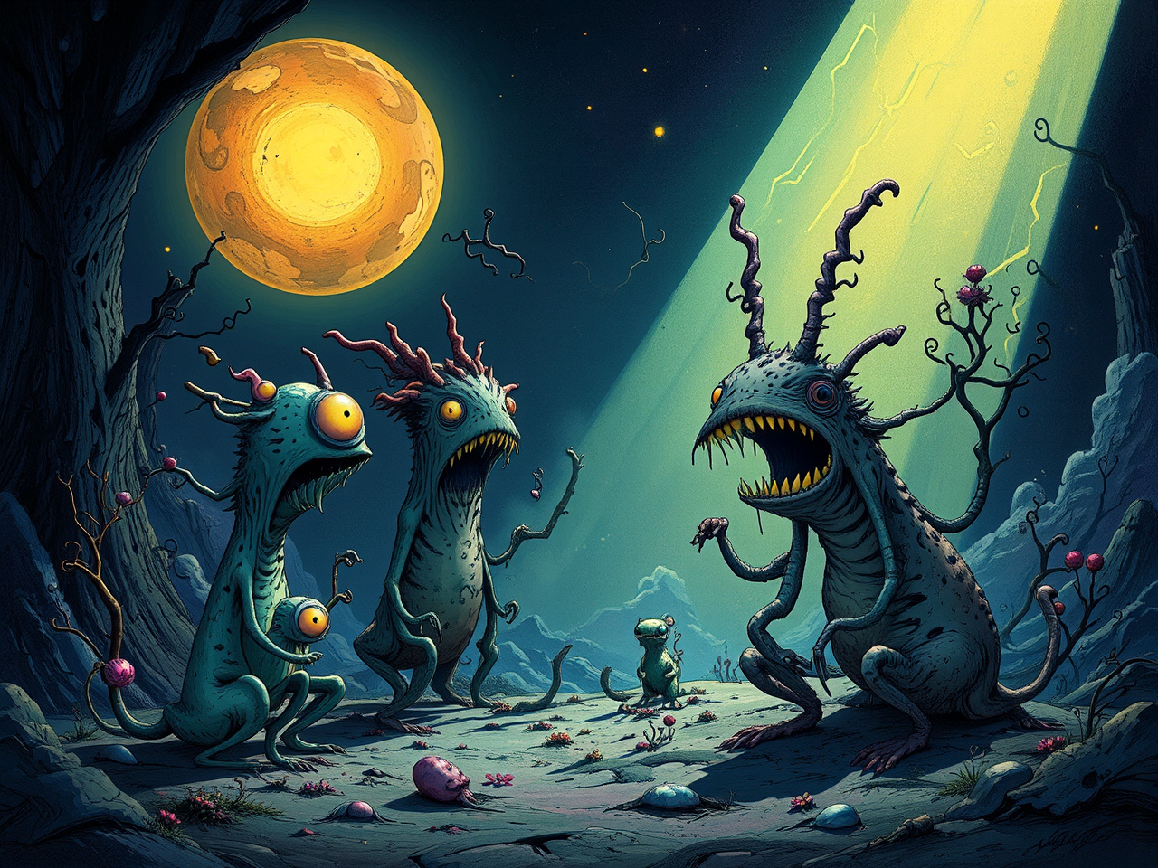 Whimsical creatures in dramatic