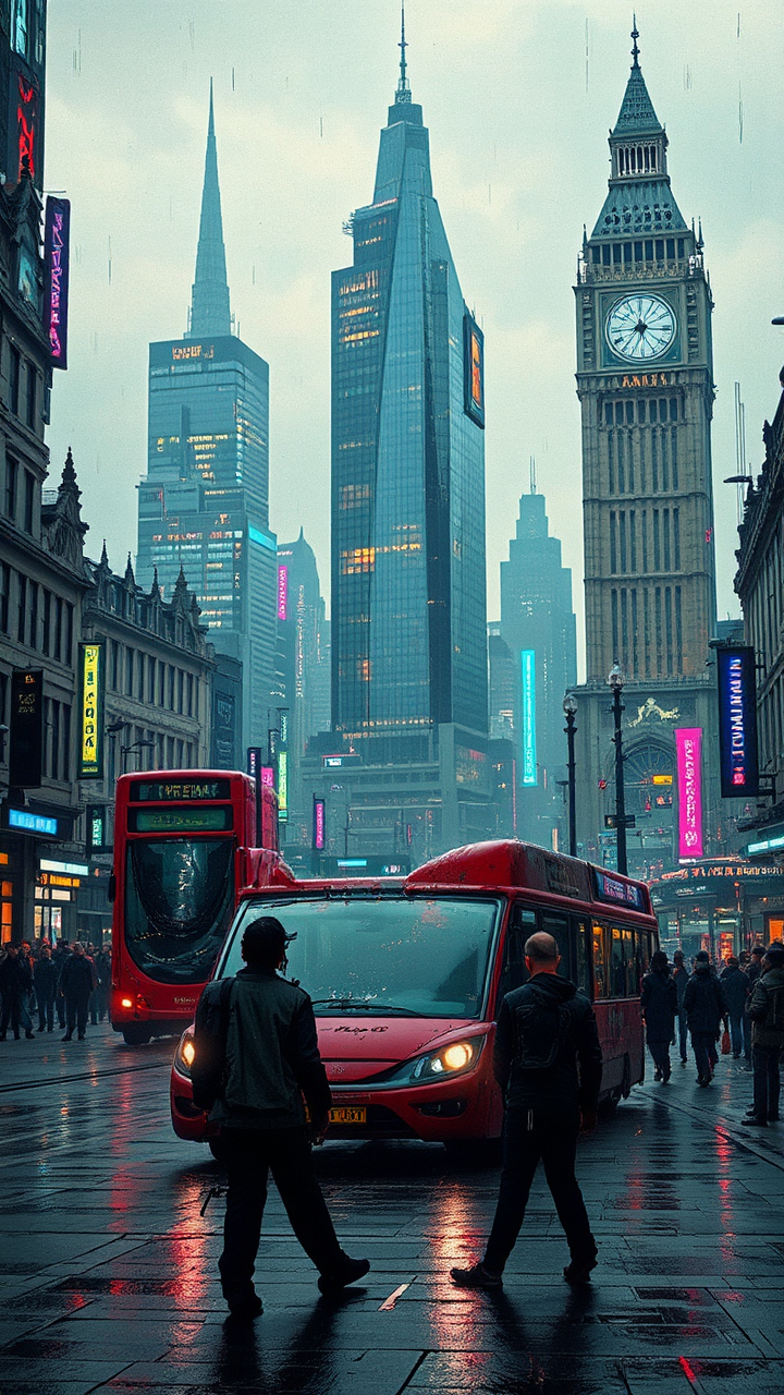 Dystopian London cityscape at