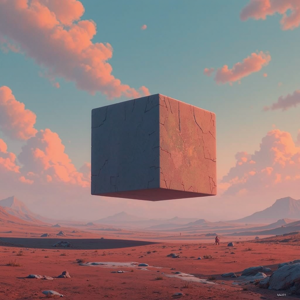 A cell-shaded cube floats