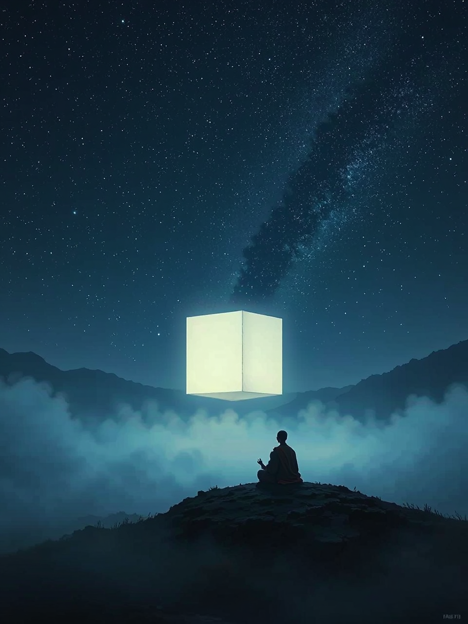 Floating cube, monk under