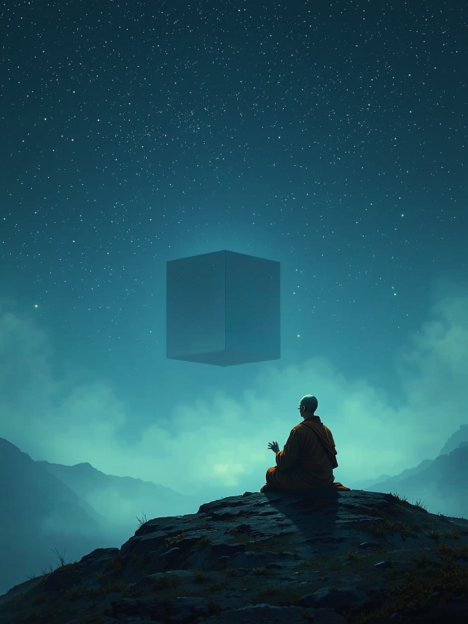 Floating cube in misty