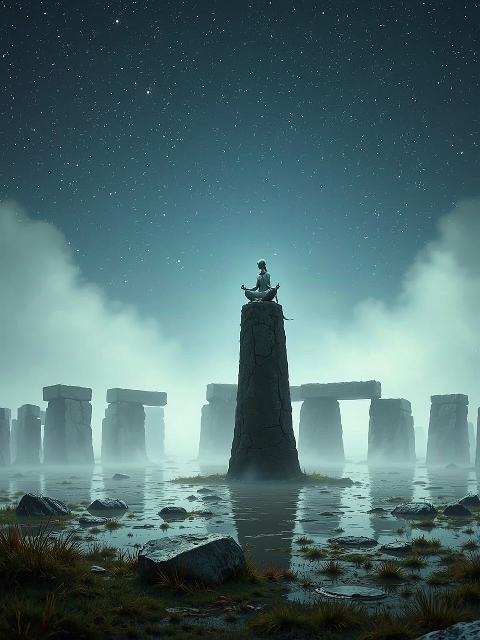 A person meditates atop