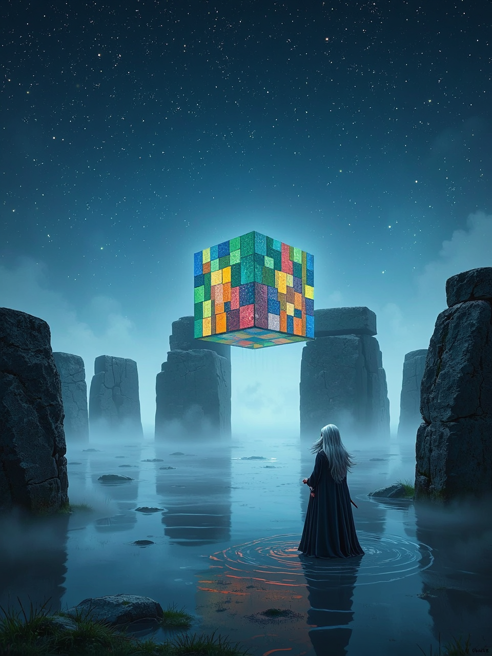 A flying multi-colored cube