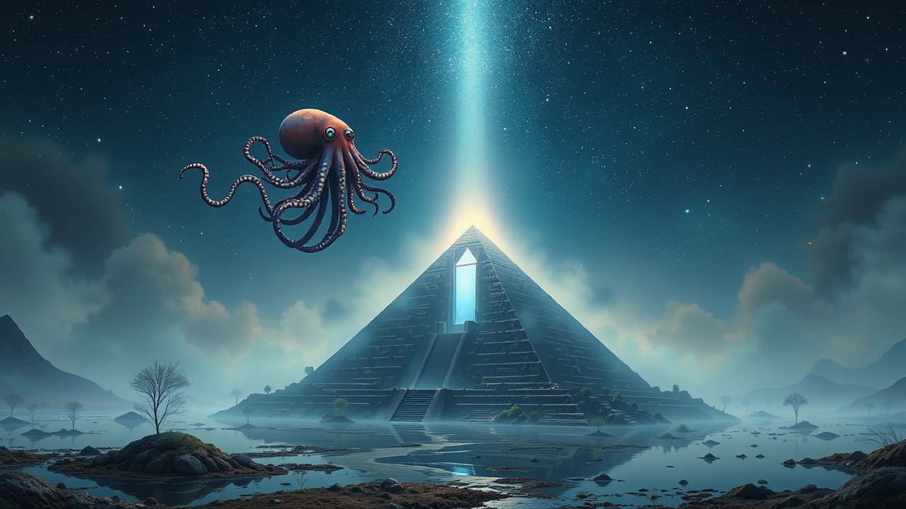 Flying octopus above pyramid