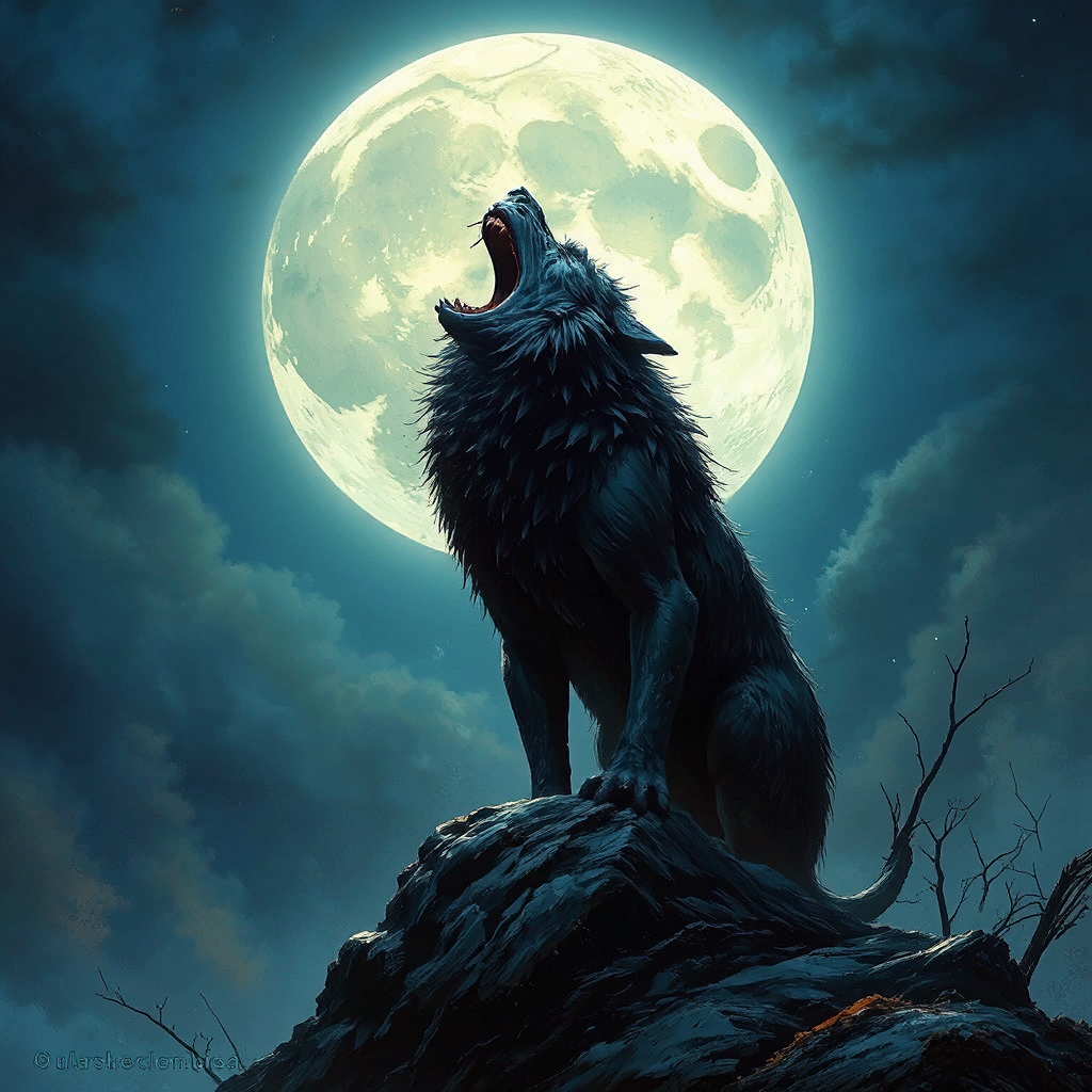 Wolf howling under full