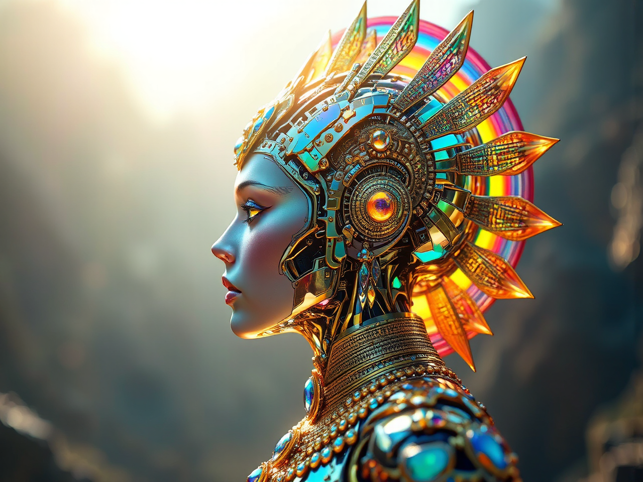 Hyperdetailed female robot goddess.
