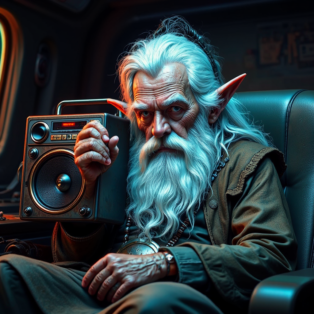 Gandalf holding a boombox.