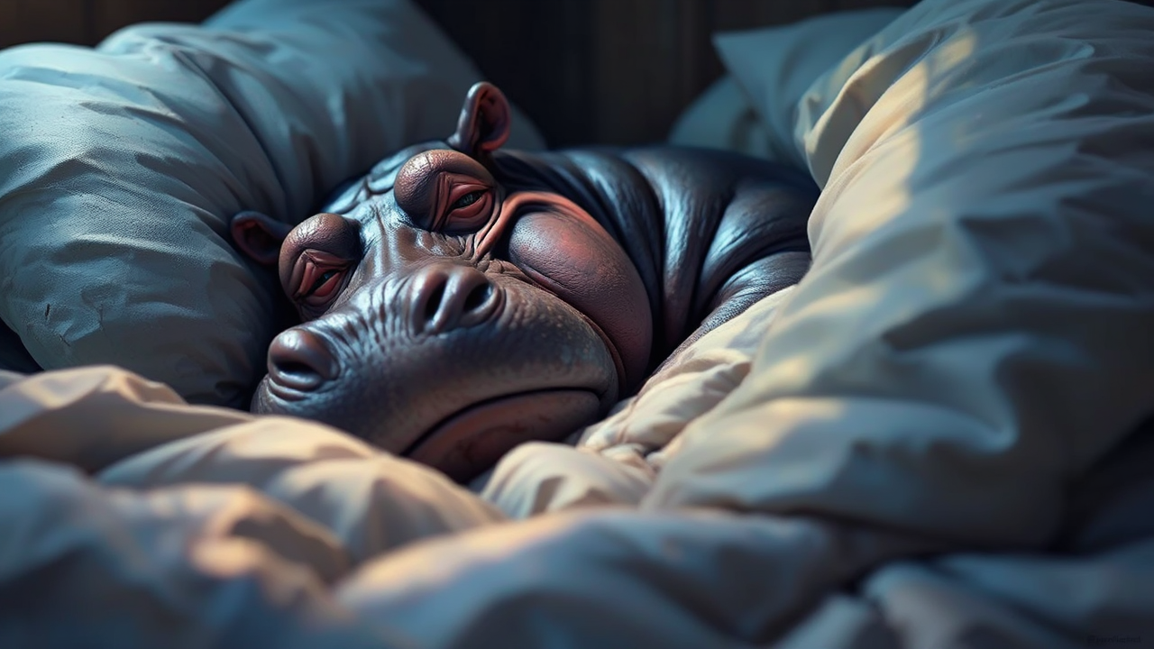 Tired anthropomorphic hippo lies
