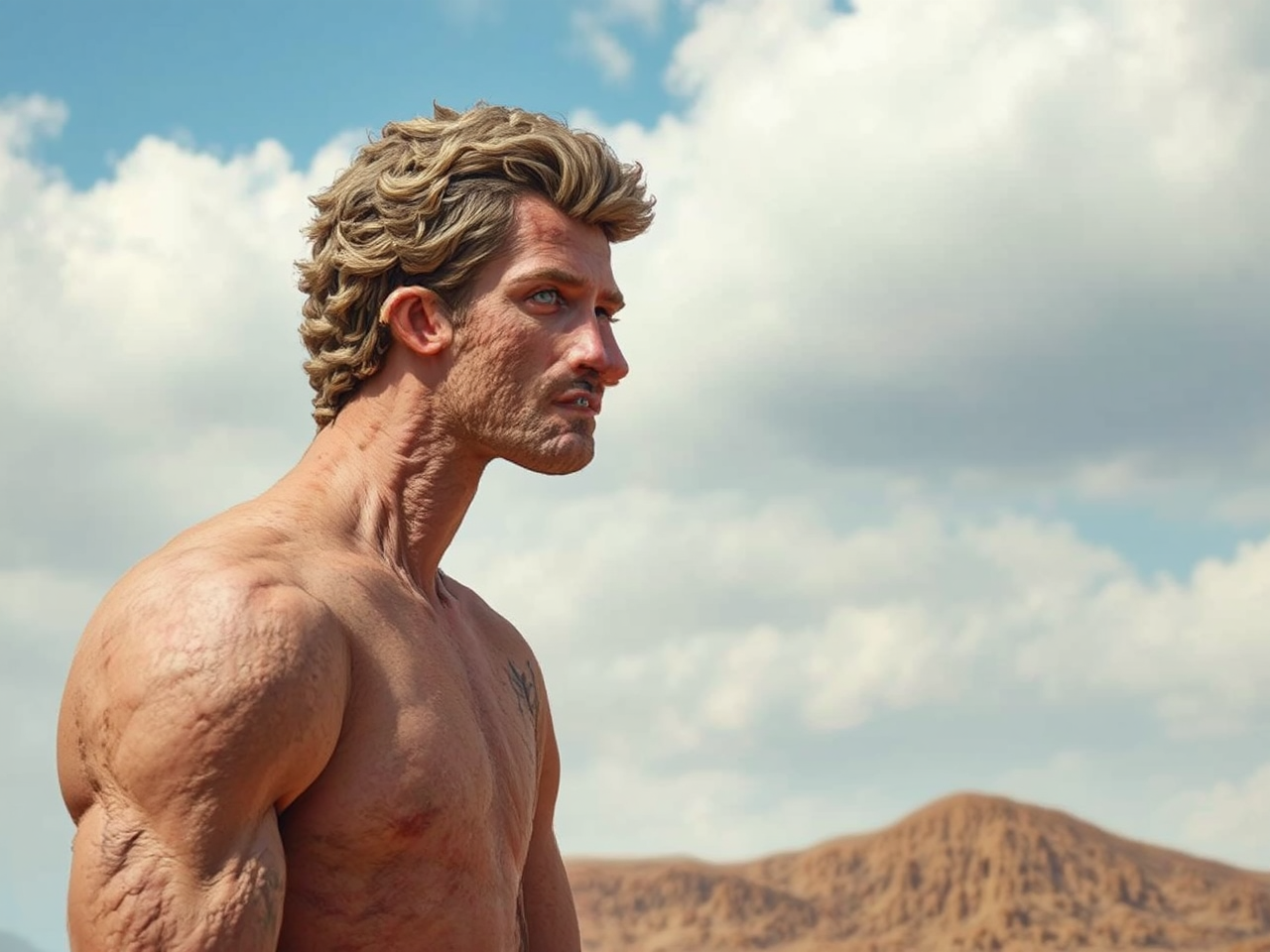 Giant muscular man sitting