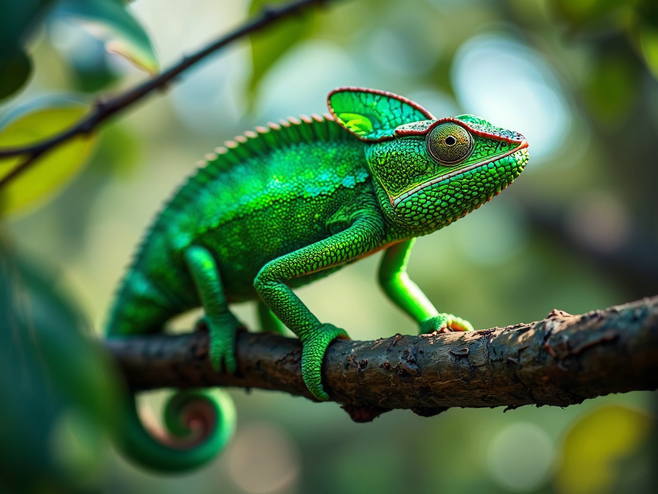 Metallic green chameleon hangs