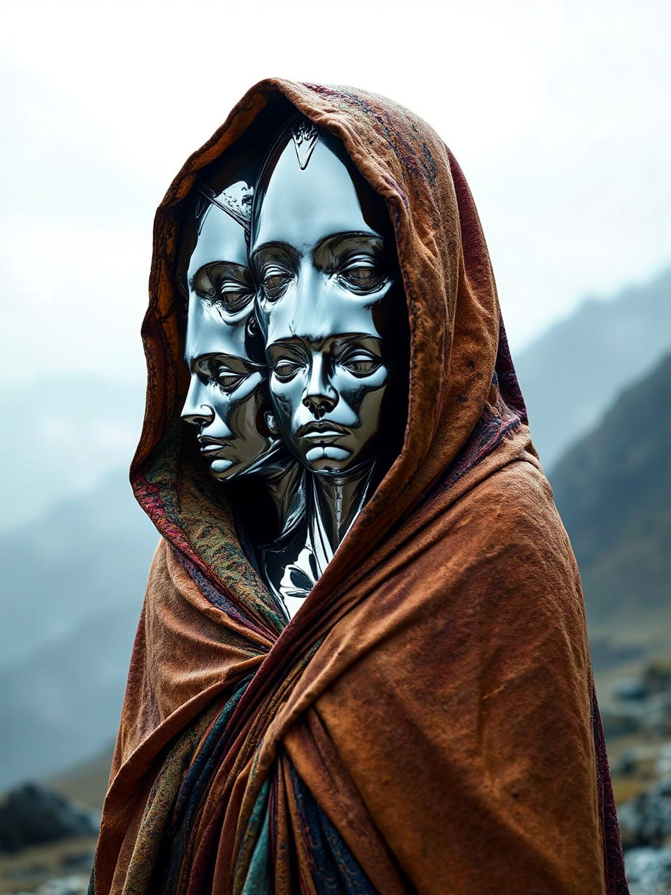 Chrome statue of three-faced