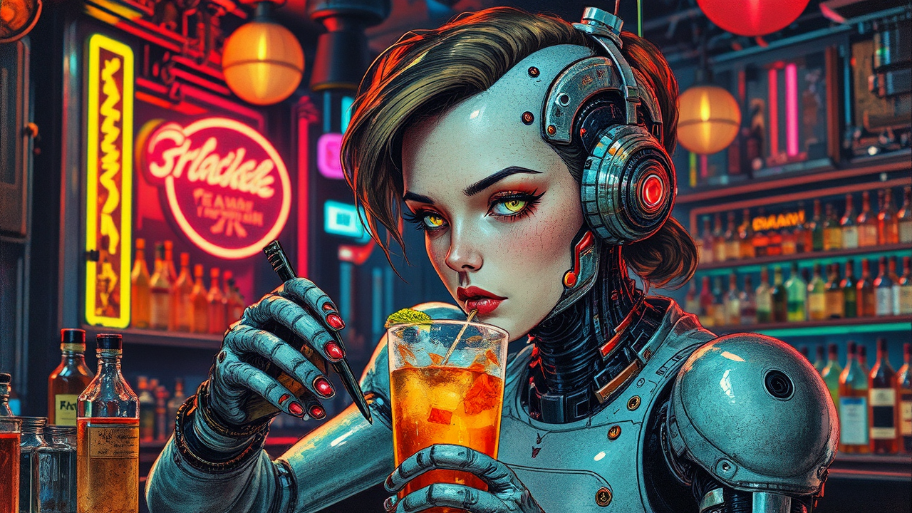 Cyborg bartender mixes drink