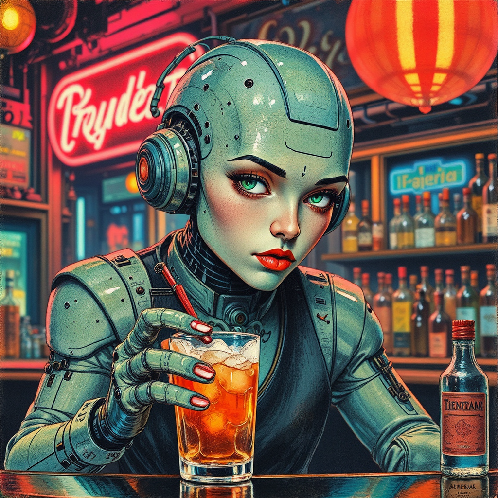 Cyborg bartender in a