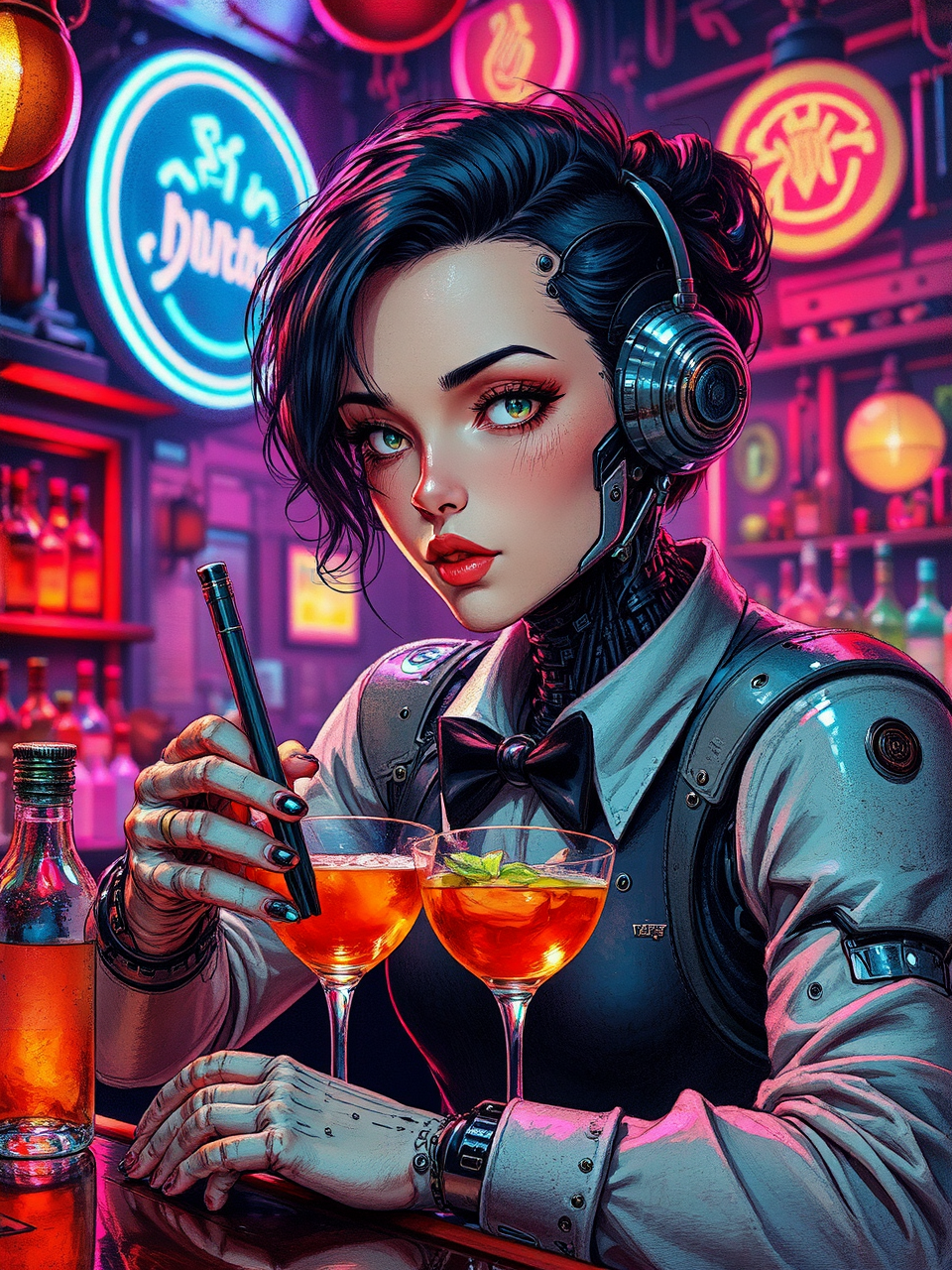 Cyborg bartender mixes colorful