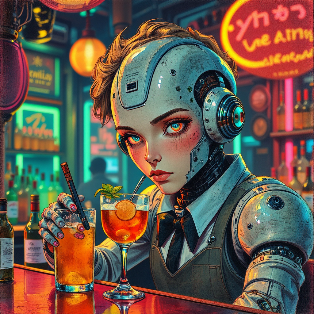 Cyborg bartender in neon-lit