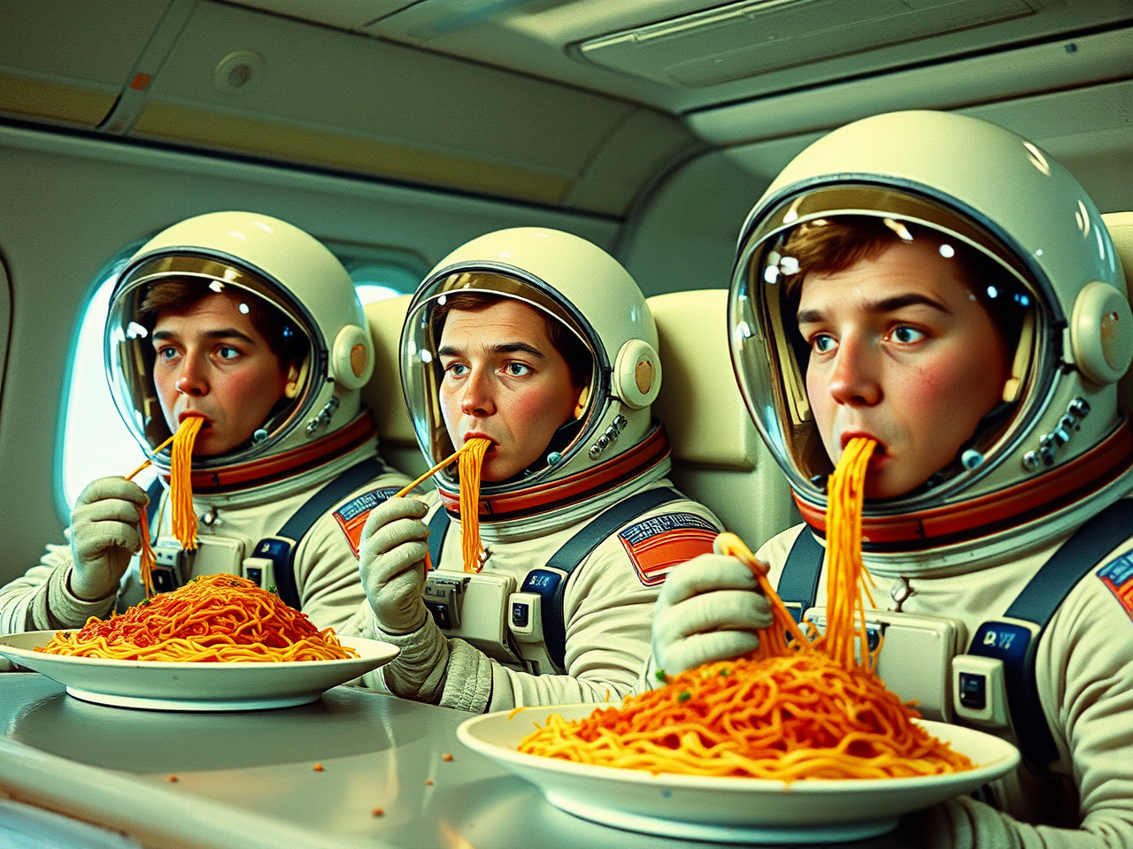 Astronauts eating spaghetti in