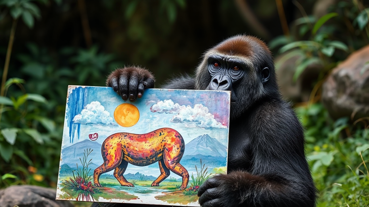 A gorilla holding artwork.