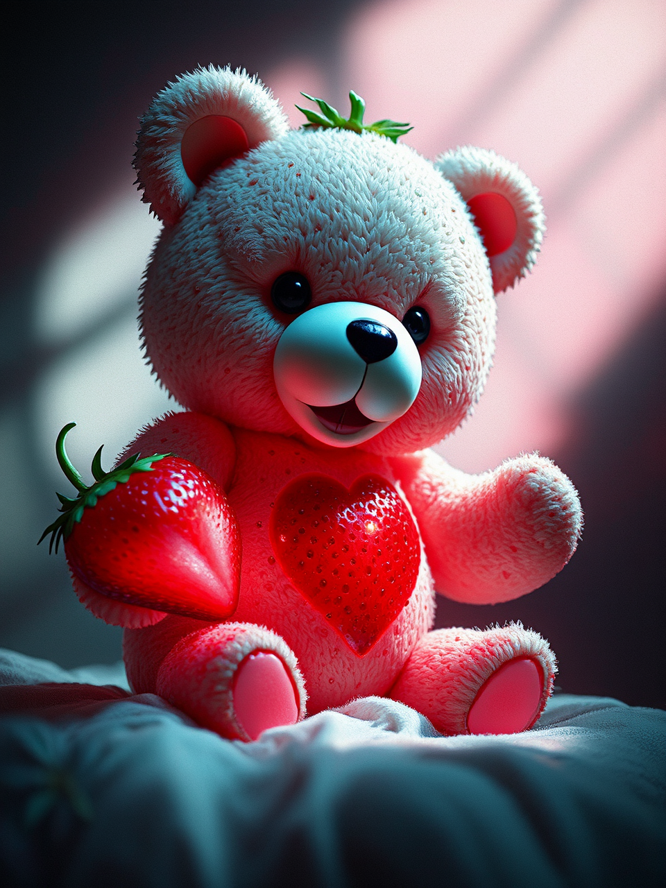 A strawberry-eating teddy bear
