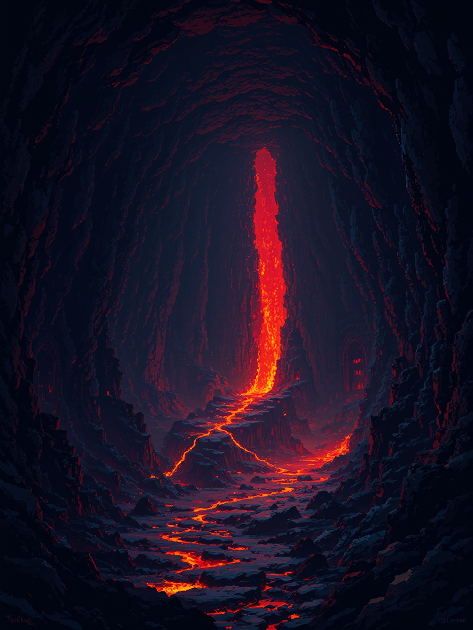 Dark dungeon with lava