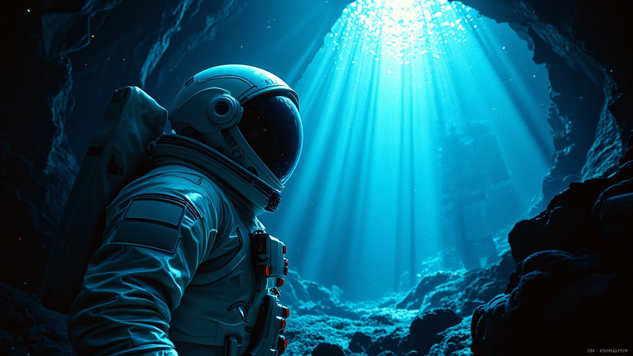 Astronauts in underwater darkness