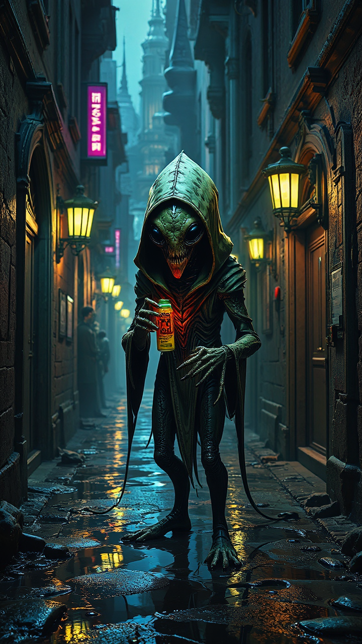 Hooded alien in dark