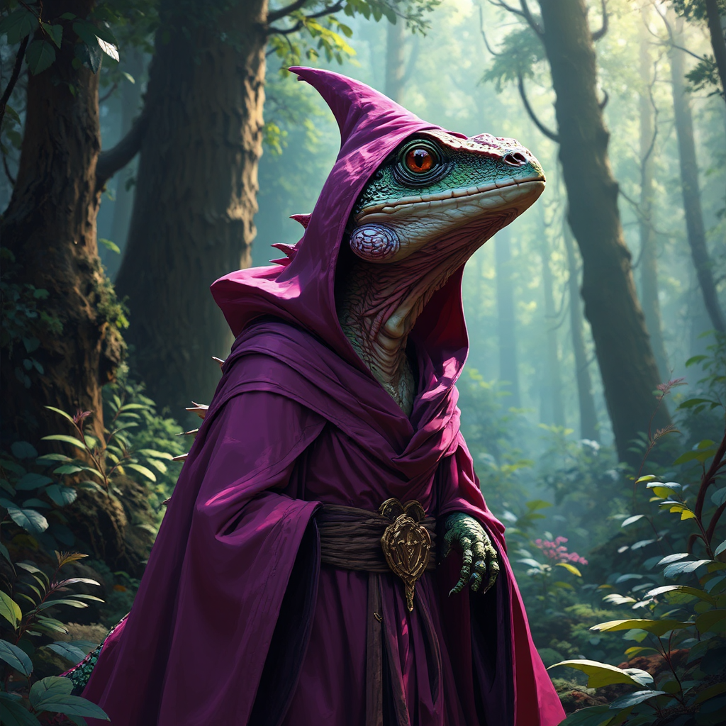 Anthropomorphic lizard in magenta
