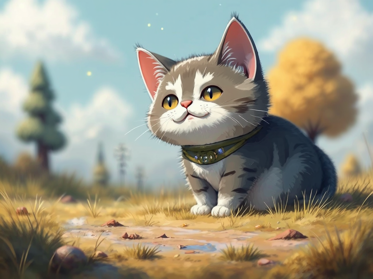 Cat in futuristic cityscape.