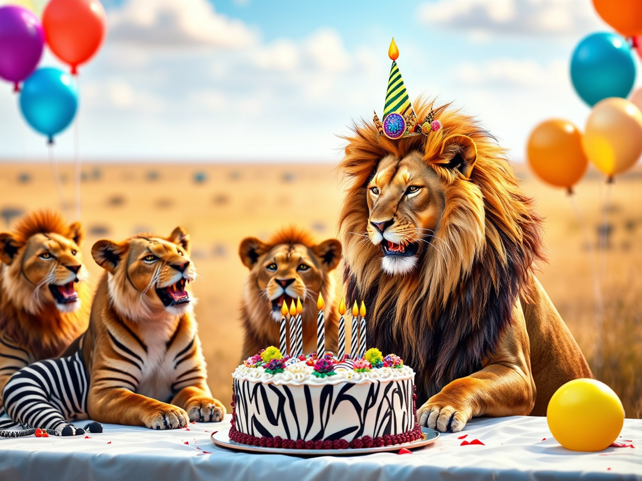 Flamboyant lioness eats colorful