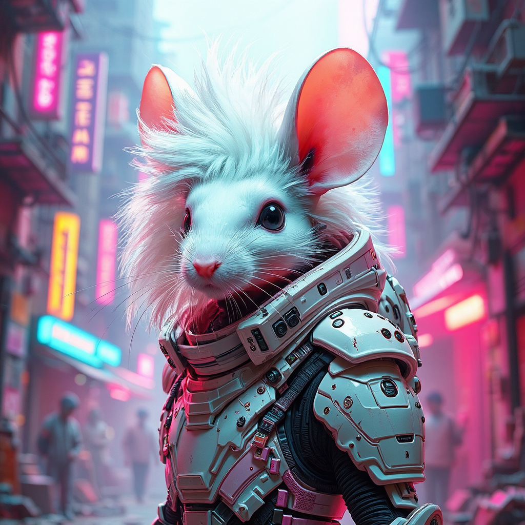 White-haired mouse in cyberpunk