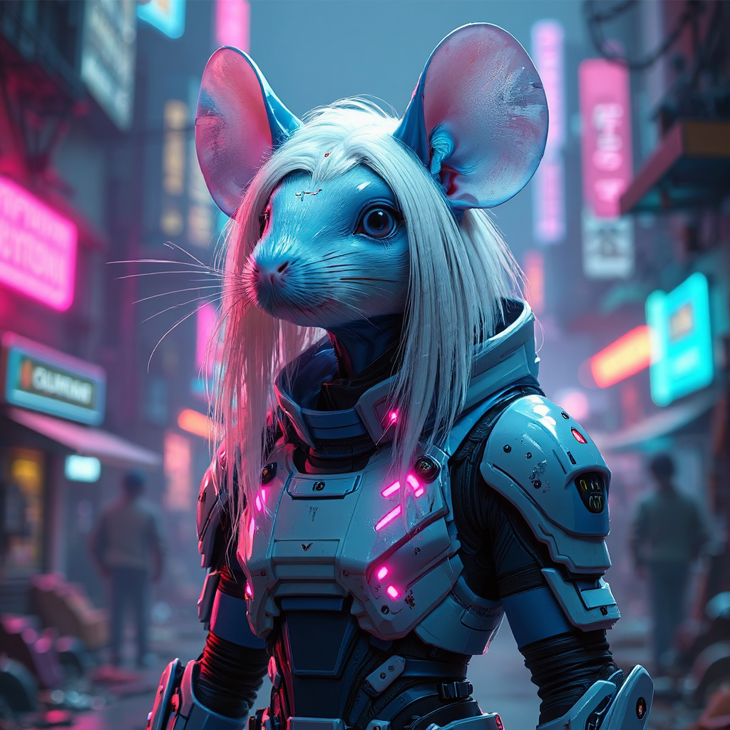 White-haired mouse in cyberpunk