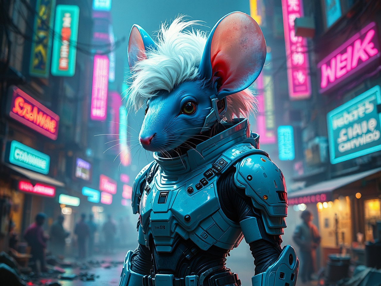 Mouse in cyberpunk armor.