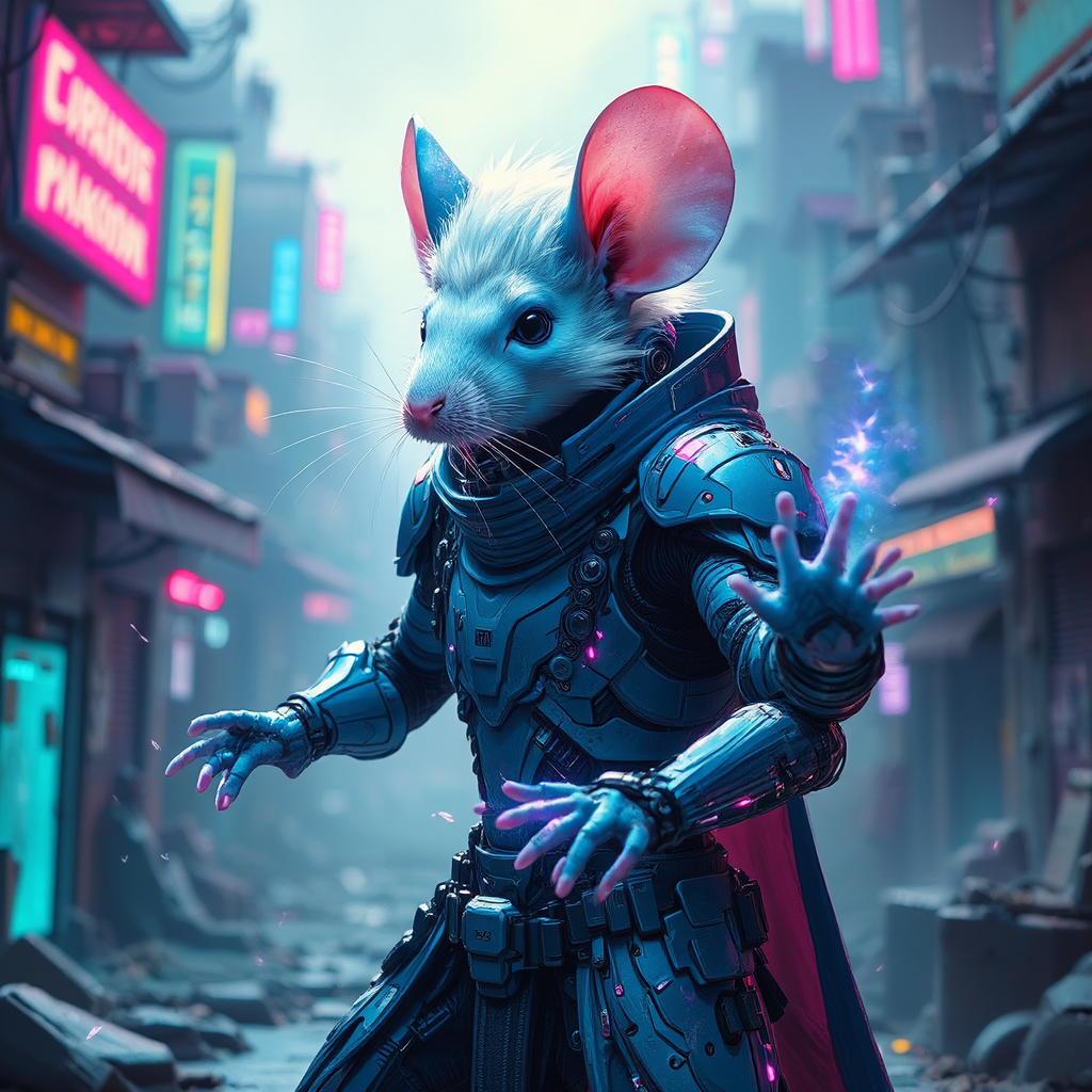 White-haired mouse in cyberpunk
