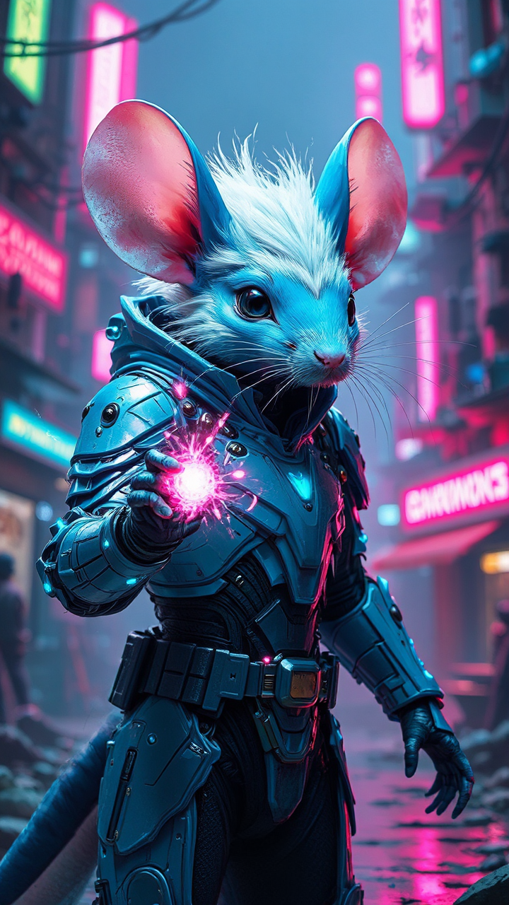White-haired mouse in cyberpunk