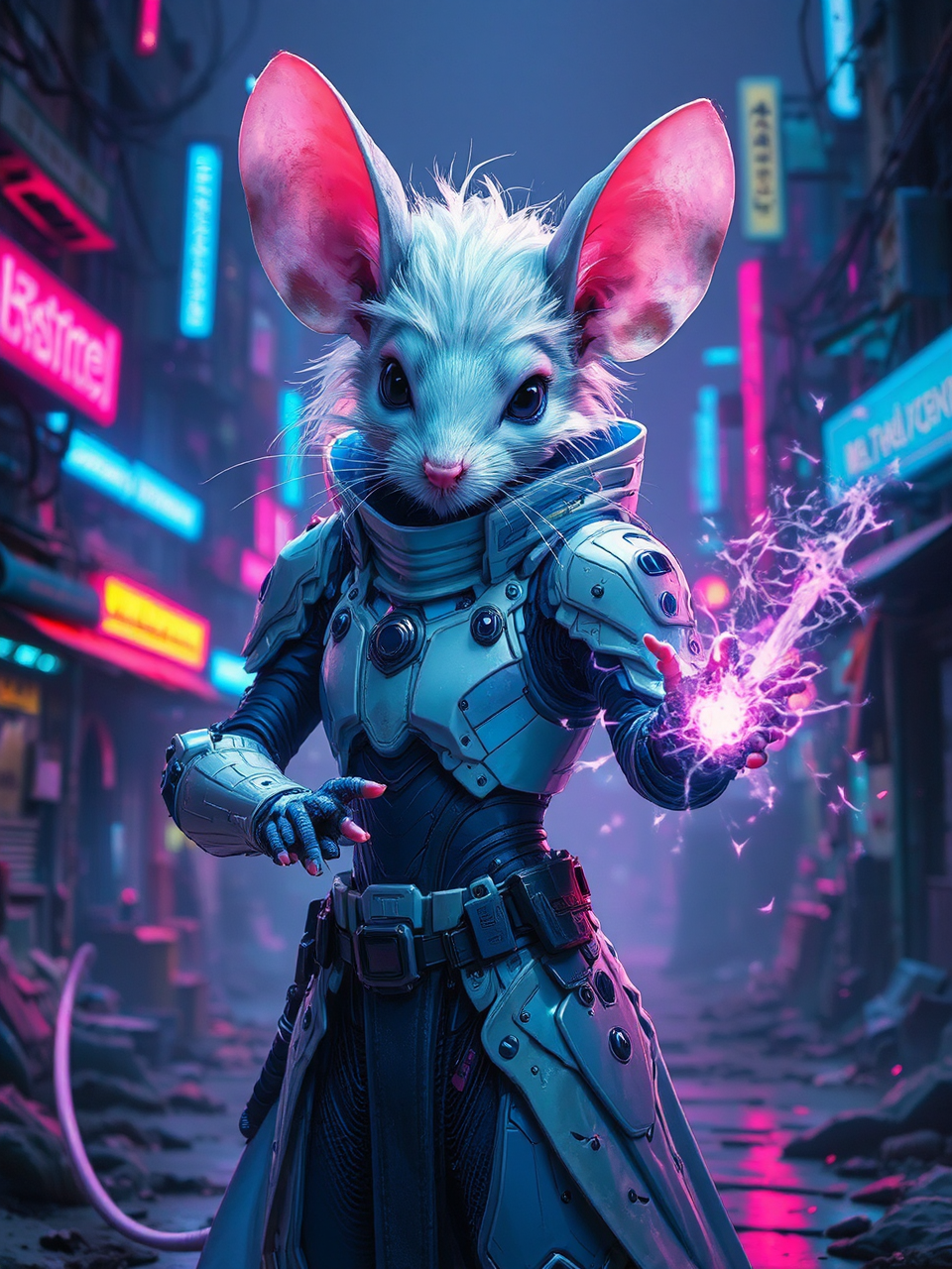 Mouse-like technomage in cyberpunk