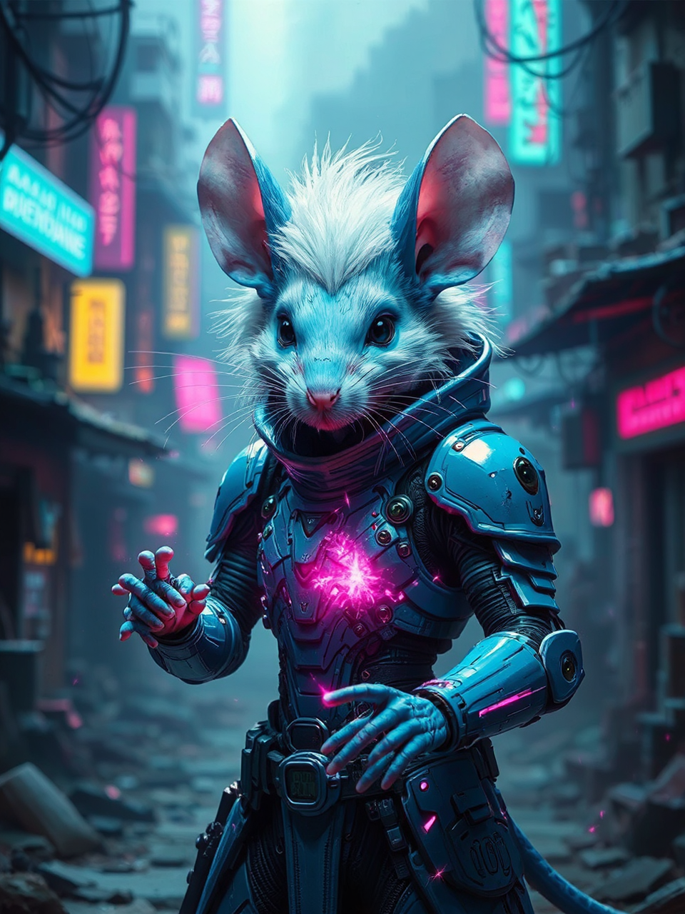Mouse-like creature in cyberpunk