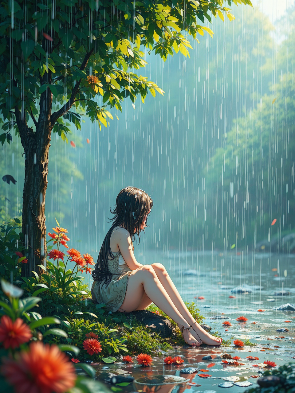 Girl sitting in rainy