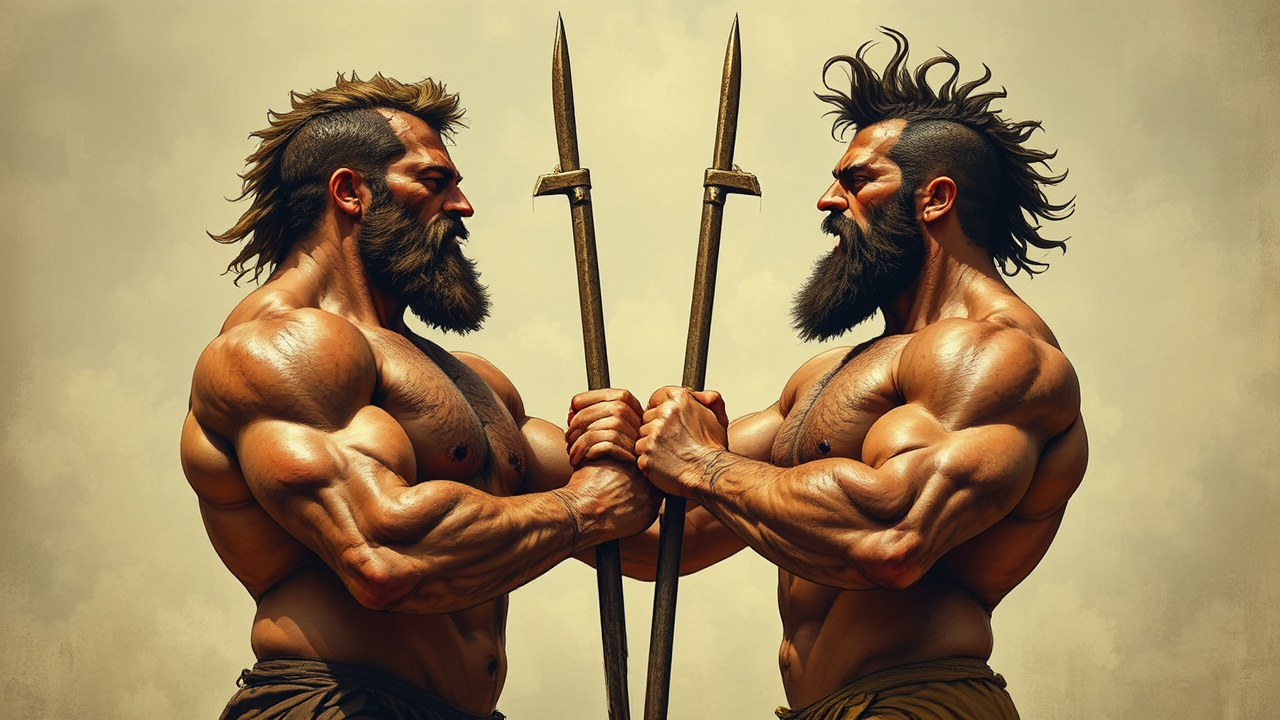 Two muscular men joined