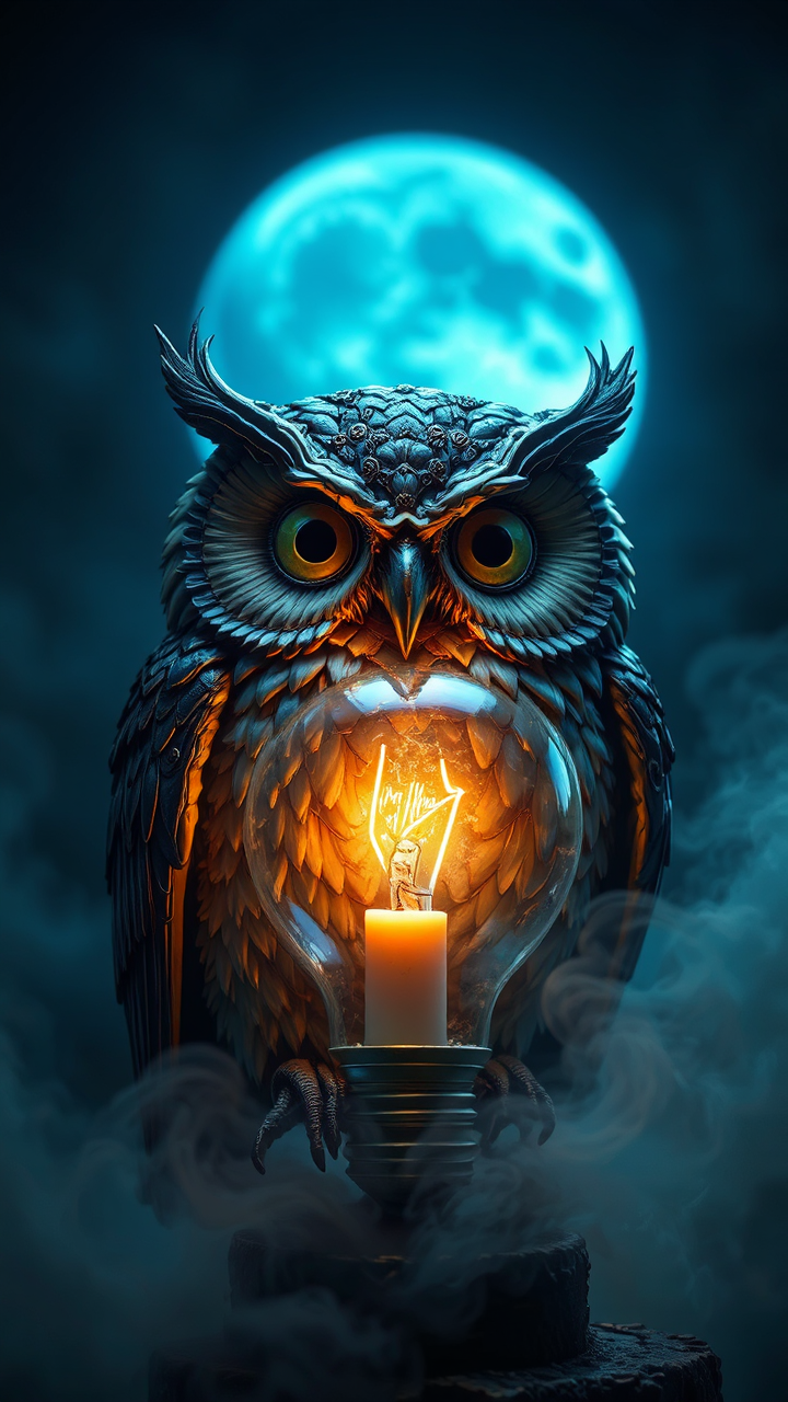 Steampunk owl with lightbulb.