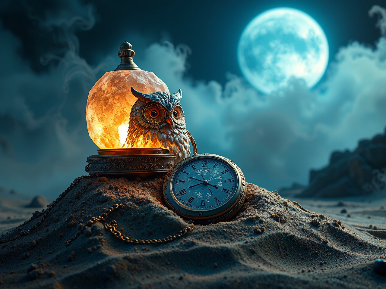 Steampunk owl pocketwatch buried