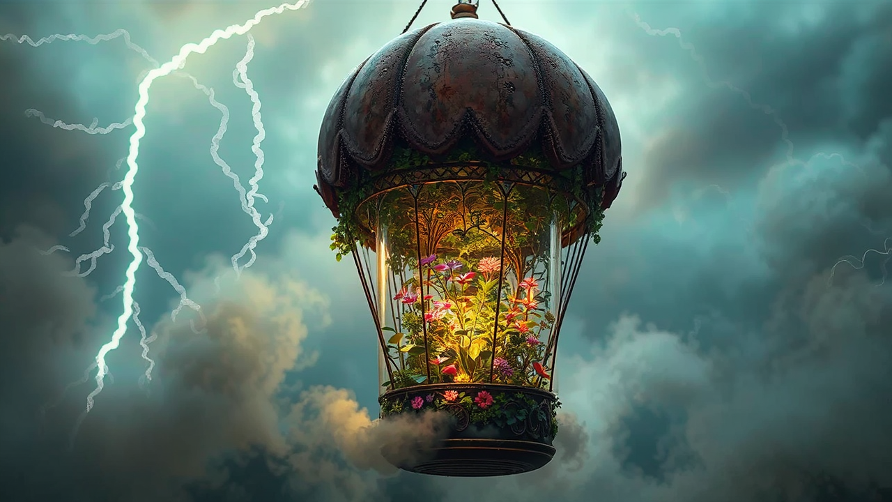 Steam-powered botanical garden scene.