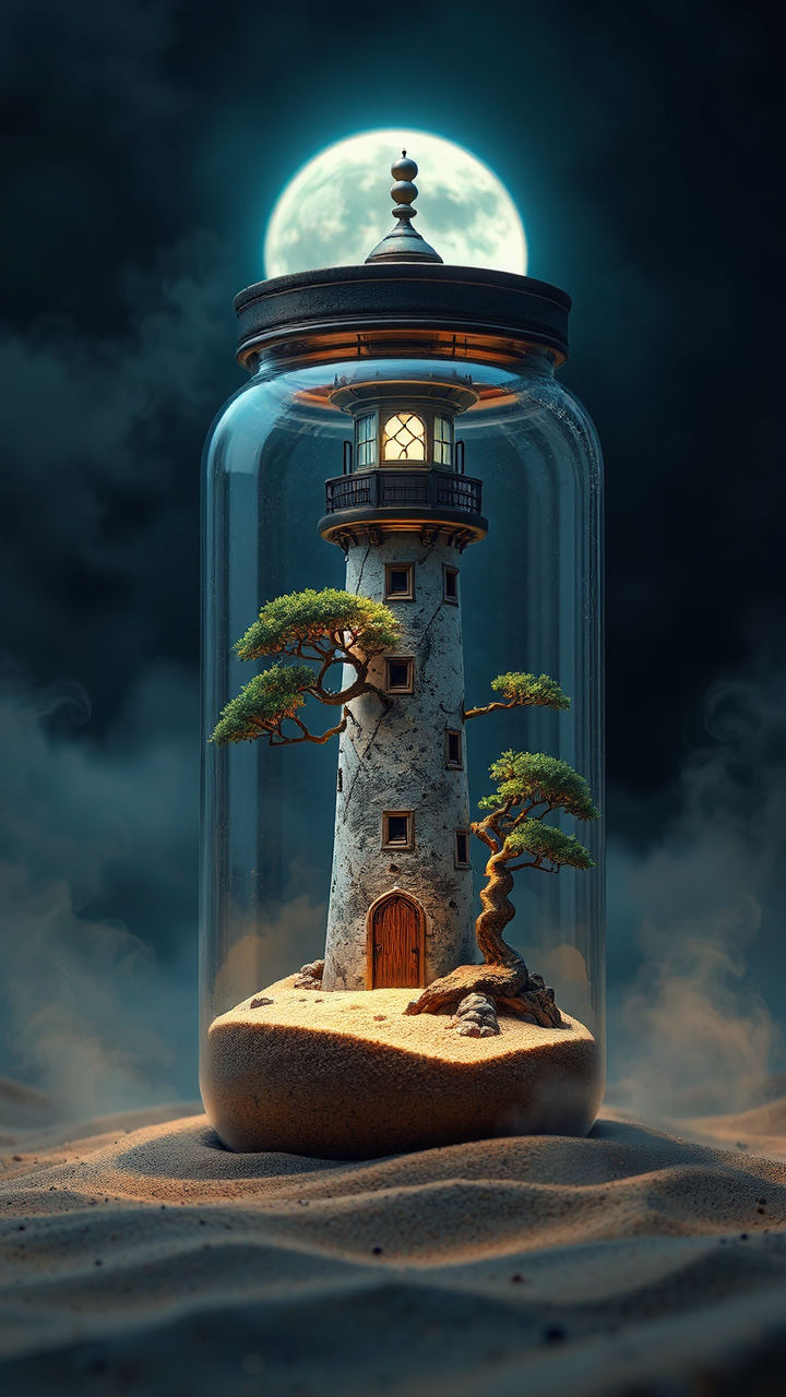 Steampunk lighthouse with bonsai